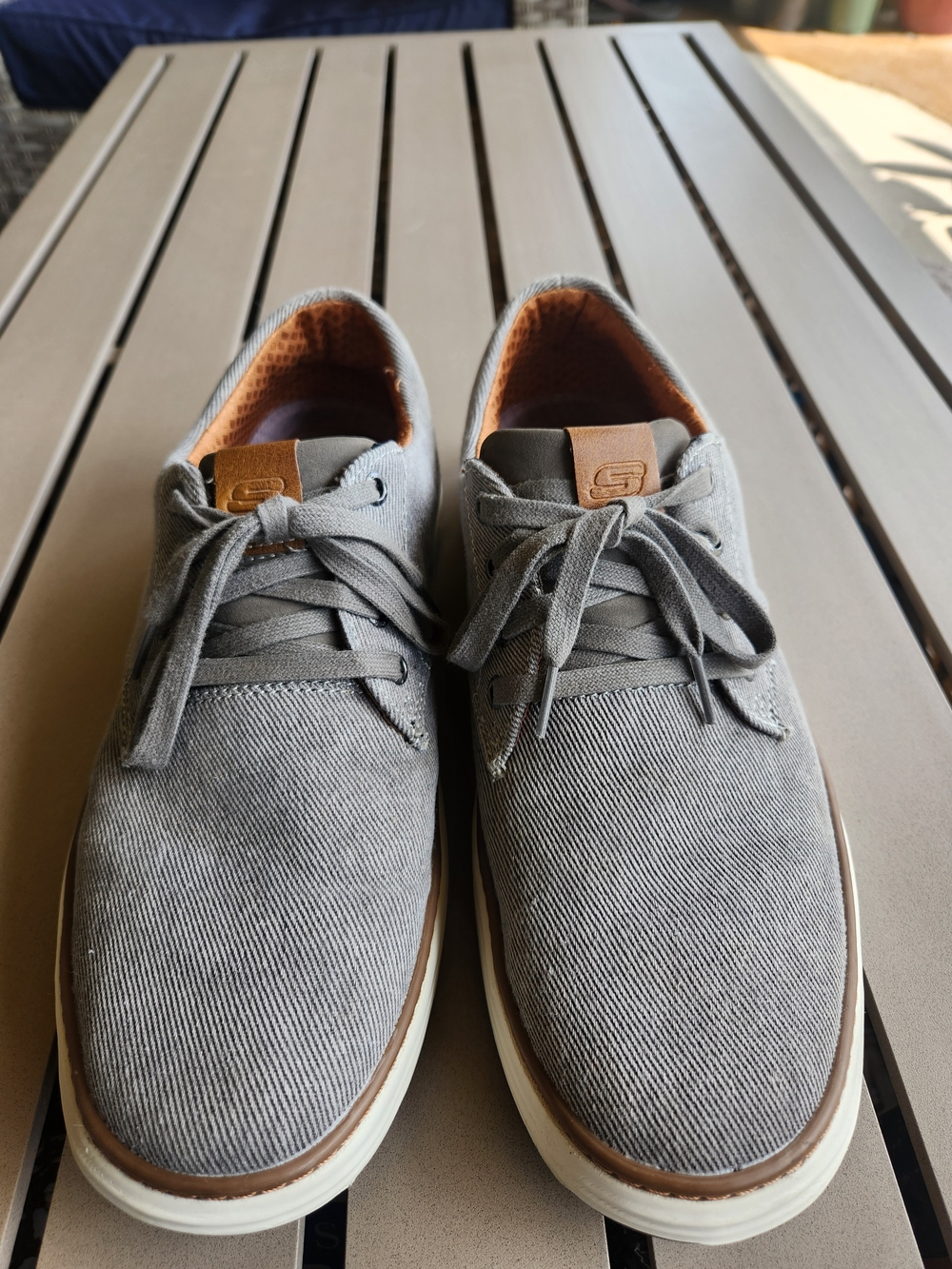 Skechers Men's Gray Canvas Lace-Up Sneakers with Brown Trim